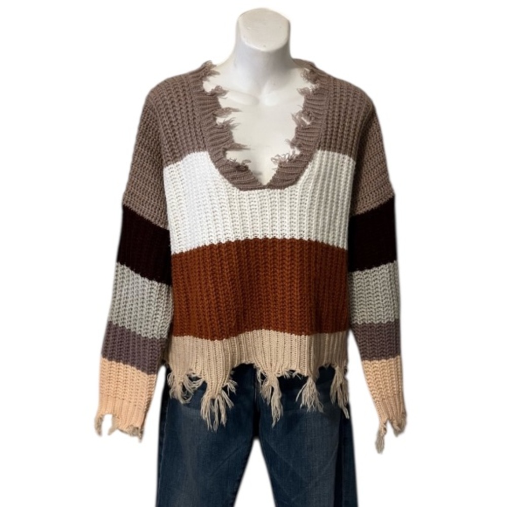 Miracle Frayed Raw Edge Neutral Fall Color Block Striped V Neck Cropped Sweater